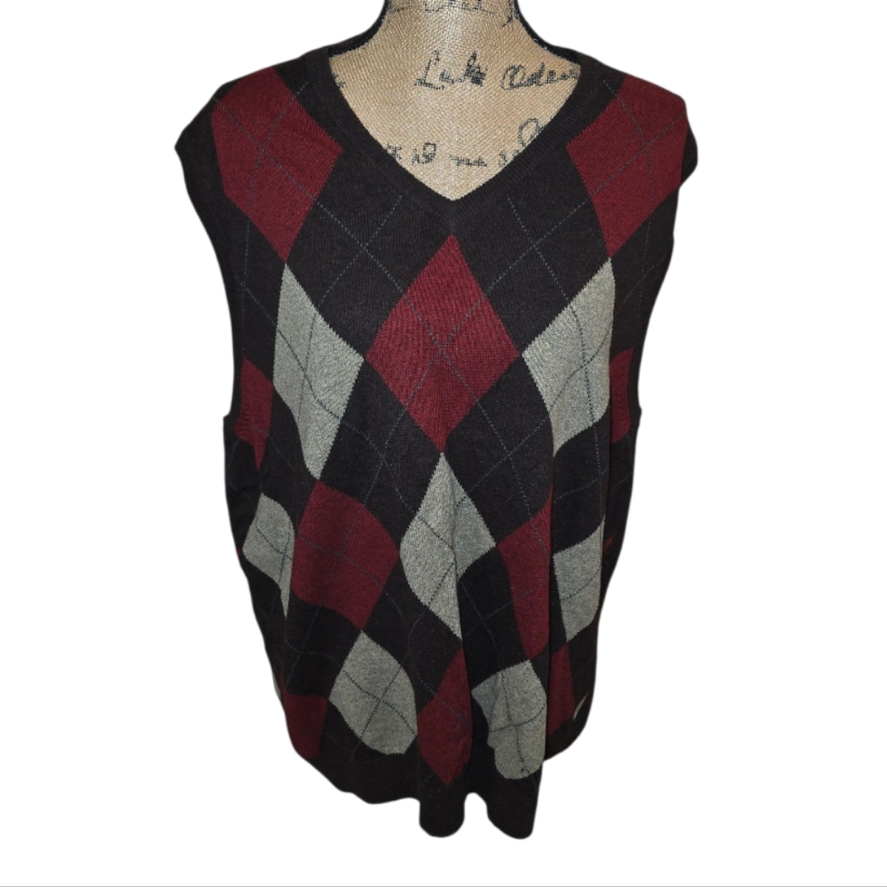 J. Crew Argyle‎ V-Neck Sweater Vest Brown and Red Cashmere Blend Size XL